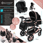 KESSER® Loops 3 in 1 Kinderwagen Kombikinderwagen Komplett-Set inkl. Babywanne & Buggy Sportsitz & Auto-Babyschale Voll-Gummireifen Wickeltasche Regenschutz Kindertisch ECE R129, Schwarz/Champagne