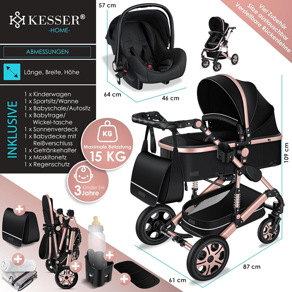 KESSER® Loops 3 in 1 Kinderwagen Kombikinderwagen Komplett-Set inkl. Babywanne & Buggy Sportsitz & Auto-Babyschale Voll-Gummireifen Wickeltasche Regenschutz Kindertisch ECE R129, Schwarz/Champagne