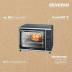 SEVERIN Back- und Toastofen mit Umluftfunktion, Mini Backofen mit Grillrost, Backblech, Drehspie und Pizzastein, vielseitiger Heiluftofen mit 42 L Kapazitt, 1.800 W, schwarz, TO 2058