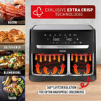 Tefal Dual Easy Fry Heißluftfritteuse Doppelkammer, 5,2/3,1 L Fassungsvermögen, zwei unabhängige Schubladen, 7 automatische Programme, energiesparend, schwarz, EY9018