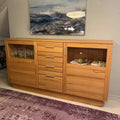 SALE! Modernes Landhaus Highboard mit Vitrine Kernbuche massiv 208x112x42cm Hochanrichte mit Schiebetüren und Beleuchtung