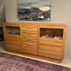 SALE! Modernes Landhaus Highboard mit Vitrine Kernbuche massiv 208x112x42cm Hochanrichte mit Schiebetüren und Beleuchtung