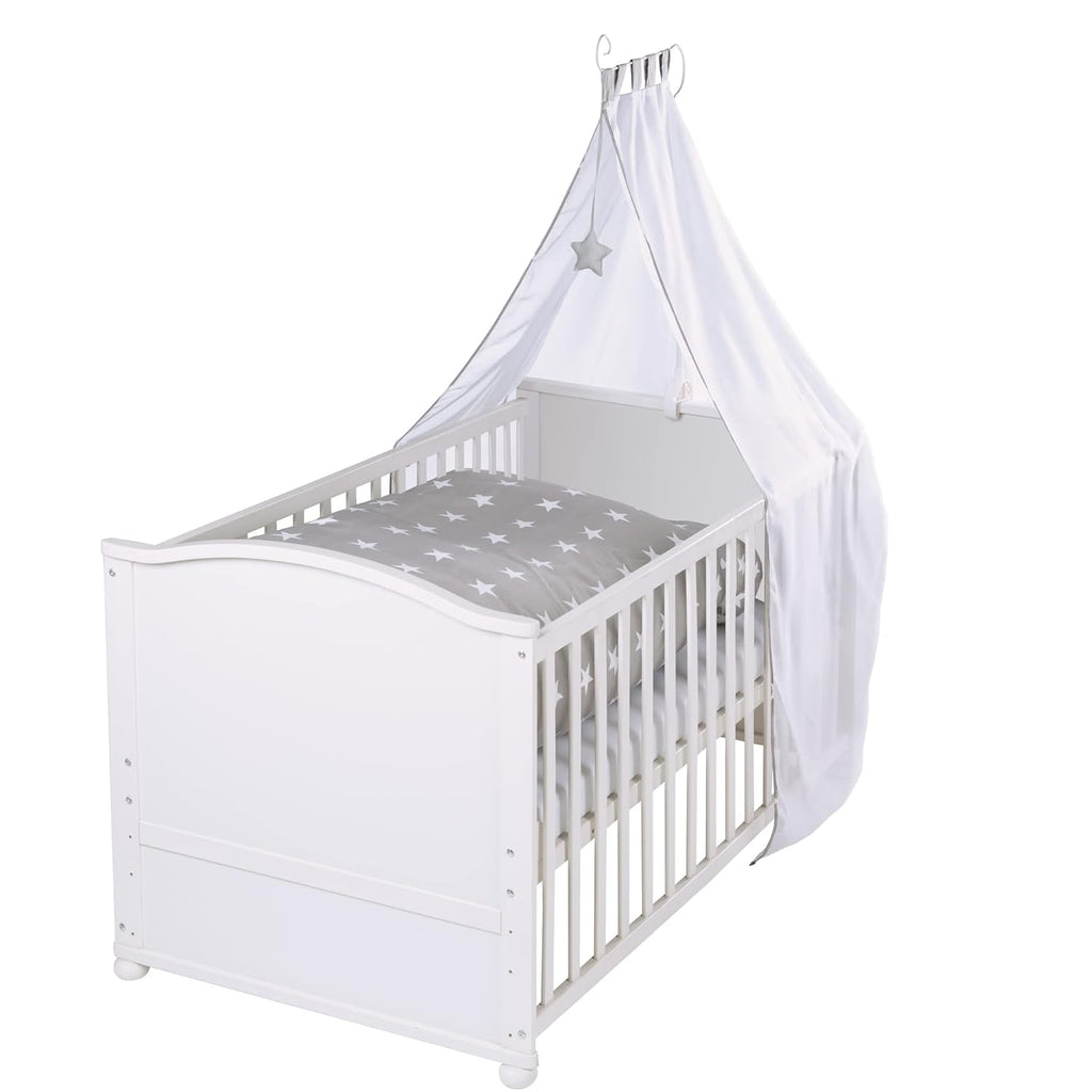 roba Babybett Set Adam & Eule - 70 x 140 cm - Mitwachsendes Kinderbett mit Bettwäsche, Himmel, Matratze - Höhenverstellbar - zu Juniorbett umbaubar - Holz weiß