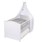 roba Babybett Set Adam & Eule - 70 x 140 cm - Mitwachsendes Kinderbett mit Bettwäsche, Himmel, Matratze - Höhenverstellbar - zu Juniorbett umbaubar - Holz weiß