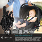 KESSER® Loops 3 in 1 Kinderwagen Kombikinderwagen Komplett-Set inkl. Babywanne & Buggy Sportsitz & Auto-Babyschale Voll-Gummireifen Wickeltasche Regenschutz Kindertisch ECE R129, Grau/Silber