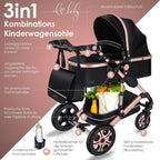 KESSER® Loops 3 in 1 Kinderwagen Kombikinderwagen Komplett-Set inkl. Babywanne & Buggy Sportsitz & Auto-Babyschale Voll-Gummireifen Wickeltasche Regenschutz Kindertisch ECE R129, Schwarz/Champagne