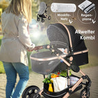 KESSER® Loops 3 in 1 Kinderwagen Kombikinderwagen Komplett-Set inkl. Babywanne & Buggy Sportsitz & Auto-Babyschale Voll-Gummireifen Wickeltasche Regenschutz Kindertisch ECE R129, Grau/Silber