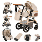 Gcarebb 3 in 1 Kinderwagen, Buggy Mit Auto Babyschale, Mit Höhenverstellbarer Kinderwagen Komplettset, KombiKinderwagen Mit Aluminiumrahmen für Neugeborene 0-4 Jahre