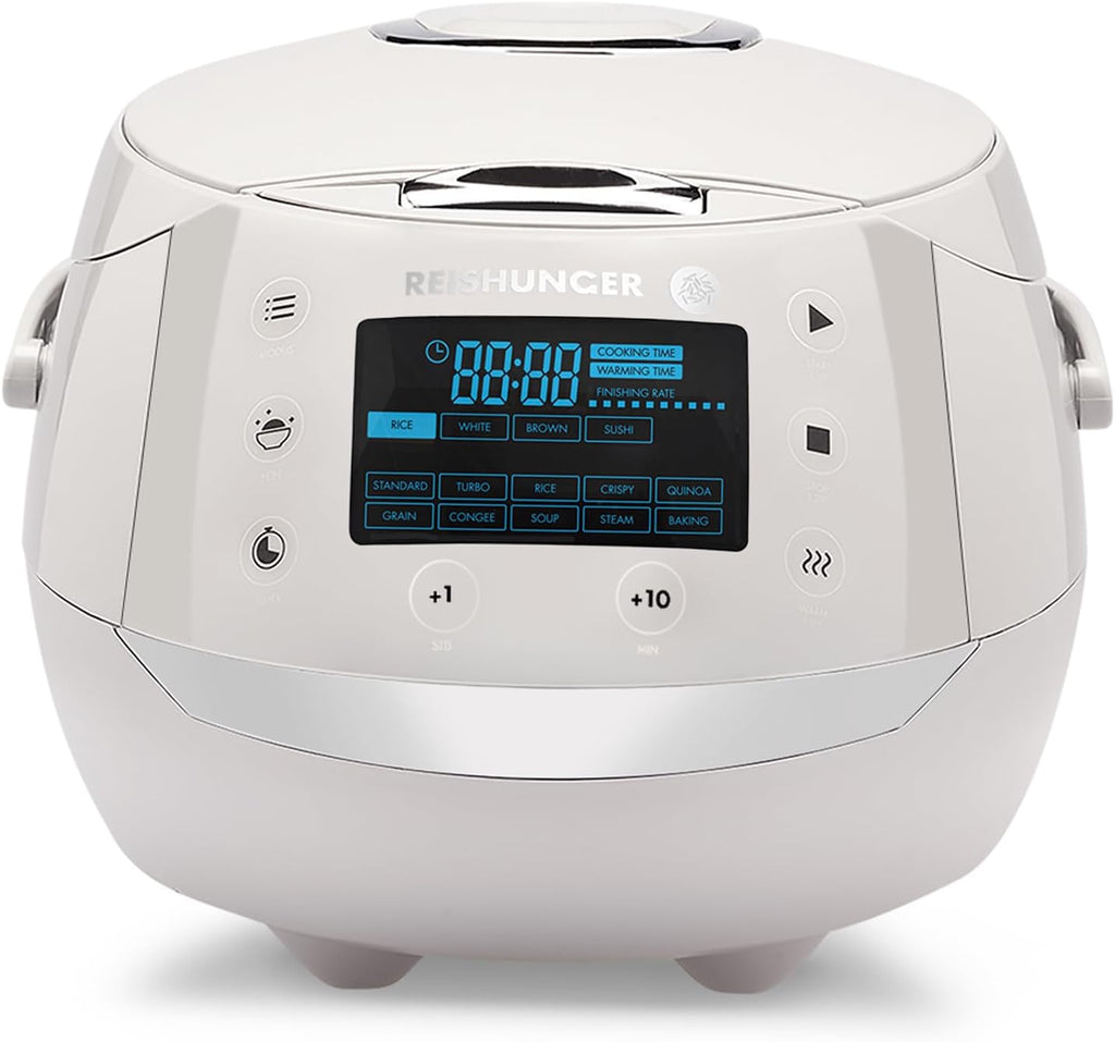 REISHUNGER Digitaler Reiskocher & Dampfgarer Schwarz | 1,5 L bis 8 Personen | Warmhaltefunktion, Timer & Premium Innentopf | Multikocher, 12 Programme, 7-Phasen-Technologie
