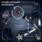 KESSER® Loops 3 in 1 Kinderwagen Kombikinderwagen Komplett-Set inkl. Babywanne & Buggy Sportsitz & Auto-Babyschale Voll-Gummireifen Wickeltasche Regenschutz Kindertisch ECE R129, Grau/Silber