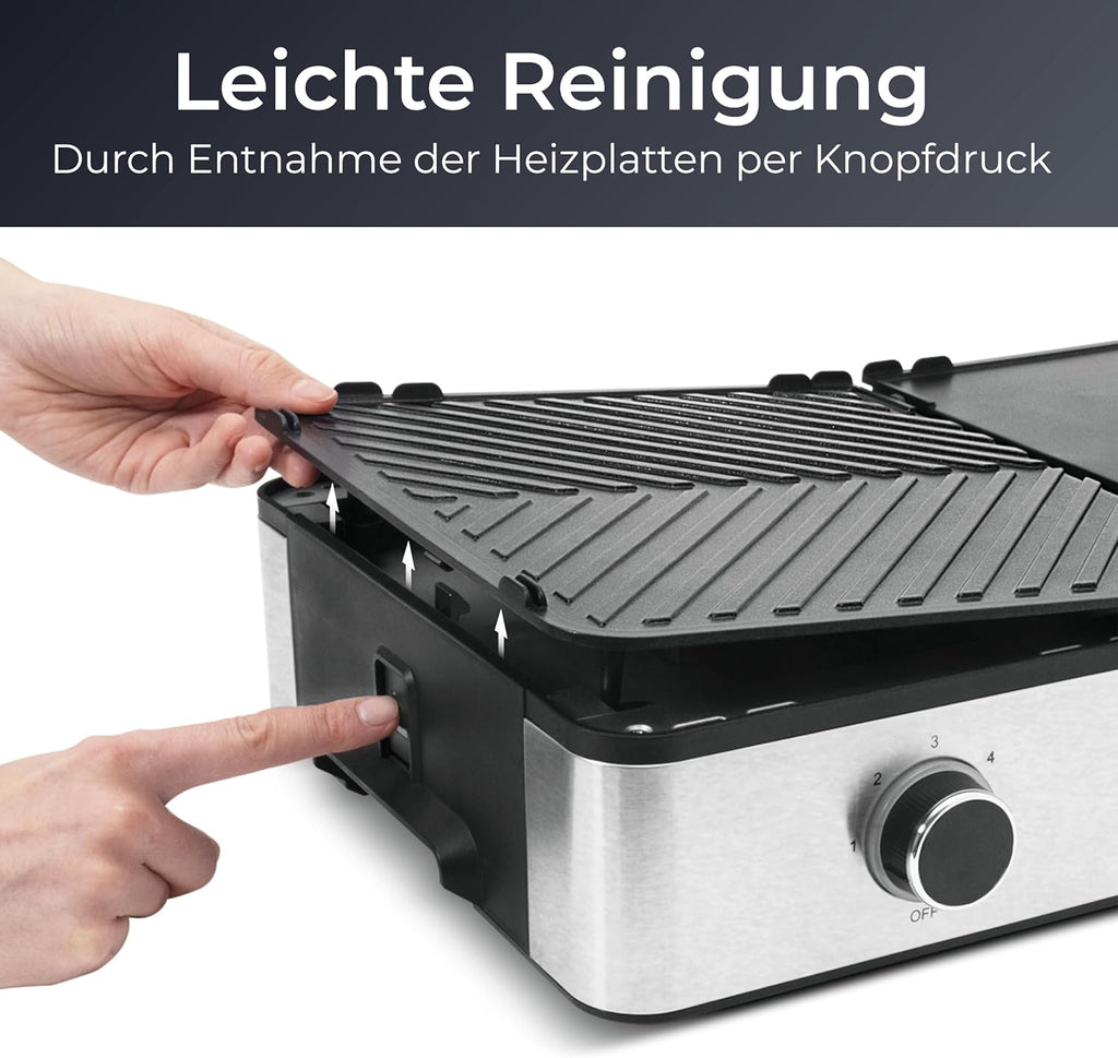 KLAMER Elektrogrill, antihaftbeschichtete und abnehmbare Duo-Platten, separate Temperatureinstellung, 5 Grillstufen, mit Wind-/ Spritzschutz & Auffangschale