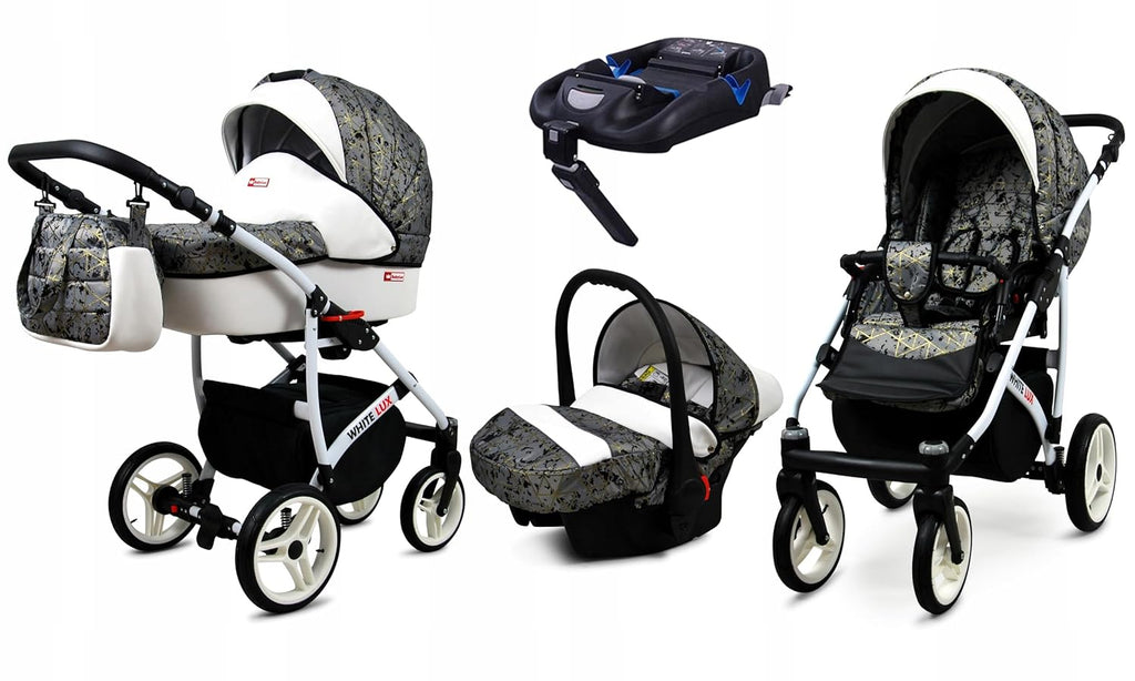BabyLux® Bambimo Kinderwagen Set 3 in 1 - White Lux - incl. Babywanne, Buggy Sportsitz, Auto-Babyschale - Autositz - Kinderwagenset - Kombikinderwagen mit Wickeltasche, Regenschutz usw.
