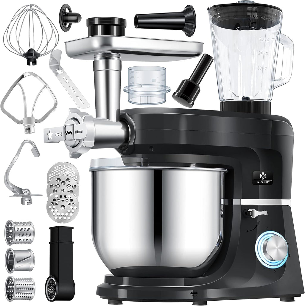 KESSER® 3 in 1 Universal Küchenmaschine K-KM 3000 mit Fleischwolf Knetmaschine Multifunktionale Rührmaschine 5,5L Schüssel mit 3 Rührwerkzeuge, 1,5L Entsafter, Zubehör-Set, Pasta & Gebäckformen