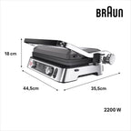 Braun MultiGrill 9 Pro CG 9160, Elektrogrill mit 2 unabhängigen Thermostaten, 3 Kochpositionen, spülmaschinenfeste Platten, integrierte Thermosonde, 2200 W, Schwarz/Edelstahl