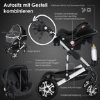 KESSER® Loops 3 in 1 Kinderwagen Kombikinderwagen Komplett-Set inkl. Babywanne & Buggy Sportsitz & Auto-Babyschale Voll-Gummireifen Wickeltasche Regenschutz Kindertisch ECE R129, Schwarz/Champagne