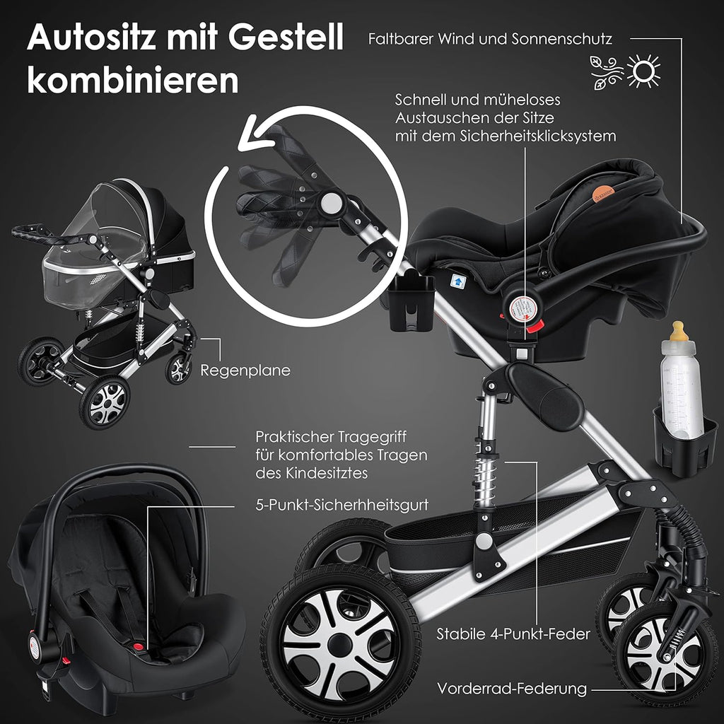 KESSER® Loops 3 in 1 Kinderwagen Kombikinderwagen Komplett-Set inkl. Babywanne & Buggy Sportsitz & Auto-Babyschale Voll-Gummireifen Wickeltasche Regenschutz Kindertisch ECE R129, Grau/Silber
