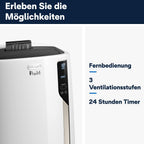De'Longhi Pinguino PAC EM82, Mobile Klimaanlage für Rume bis zu 80 m, 9.400 BTU, 2,4 kW, 63 dB, Entfeuchtungsfunktion, Energieklasse A, 24h-Timer, Wei