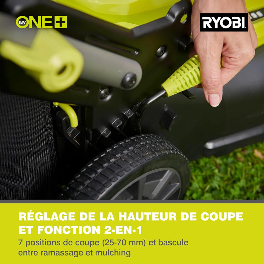RYOBI 18 V ONE+ Akku-Rasenmäher RLM18X33B40 (Schnittbreite 33 cm, 5-fache Höhenverstellung 25-65 mm, zusammenklappbares Griffgestänge, inkl. Mulchkeil, 35l Grasfangsack, 4,0Ah Akku & Ladegerät)