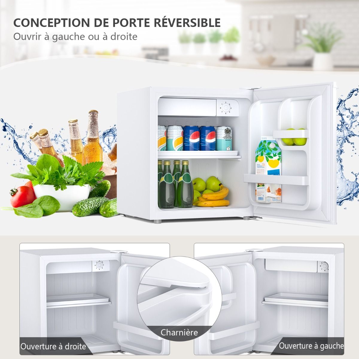 Mini Réfrigérateur 48L, 2 niveaux et porte-bouteille, bac à légumes, Silencieux 230V, 46 x 44 x 49 cm, Blanc