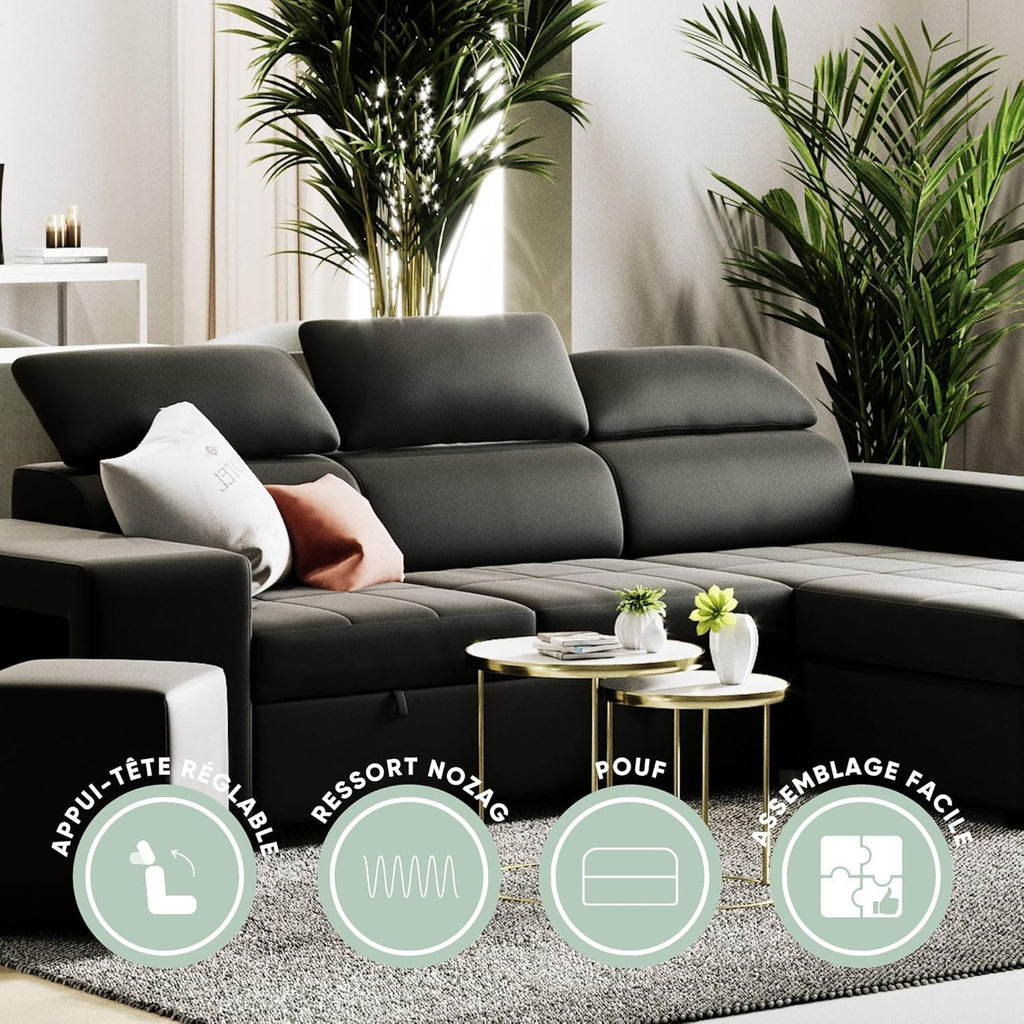 John Canapé-Lit d’Angle 4 Places – Chaise Longue Réversible, Têtières Réglables et 2 Poufs – Revêtement en Polyuréthane – Style Moderne – 263x161x96 cm – Noir