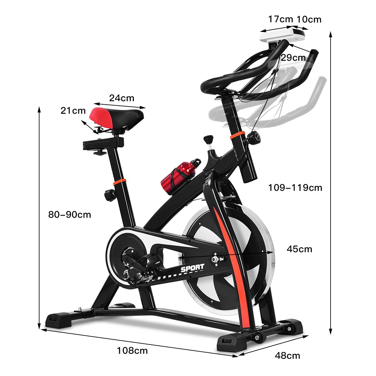 Vélo D’appartement Vélo Silencieux avec Courroie et Roue D’inertie en Fer de 10kg Guidon et Selle Ajustable Noir + Rouge