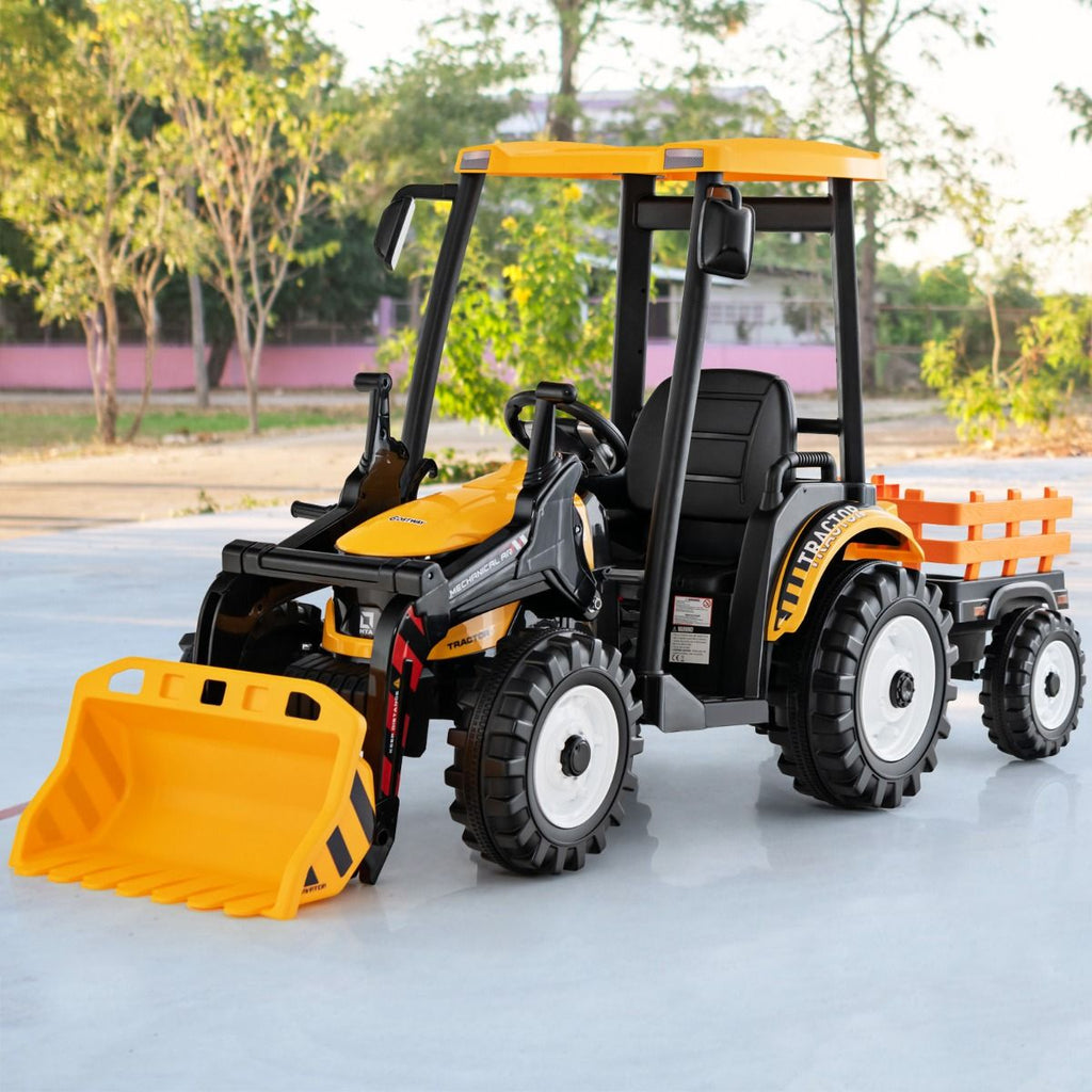 12V Tracteur Électrique Enfants avec Pelle&Remorque Amovible Véhicule Électrique à 6 Roues avec Télécommande & Musique 3-6 km/h pour 3-8 Ans Jaune/Vert
