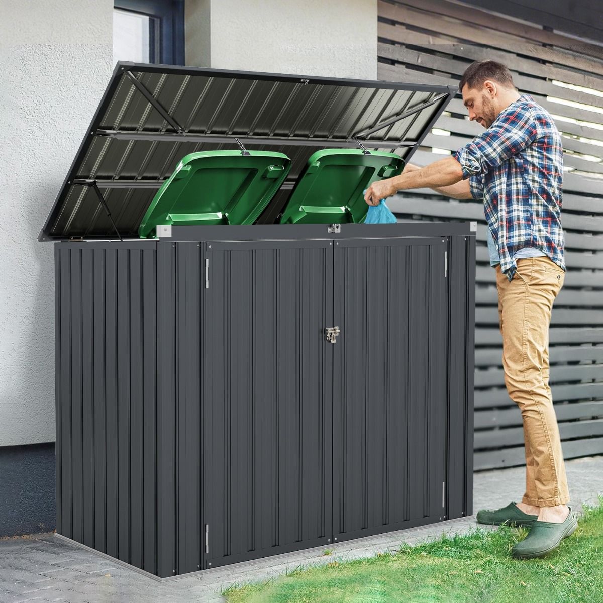 Abri de Stockage en Métal Galvanisé pour Poubelles Extérieur Abri de Jardin Verrouillable avec Toit Ouvert 2 Portes 172X95,5X130CM Gris