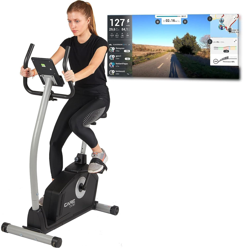 '- Vélo d’Appartement Motorisé CV-351 – Masse d'Inertie 10kg - Résistance Magnétique à 16 Niveaux - 7 Programmes d'Entraînement - Selle Ajustable - Connectivité Application Kinomap
