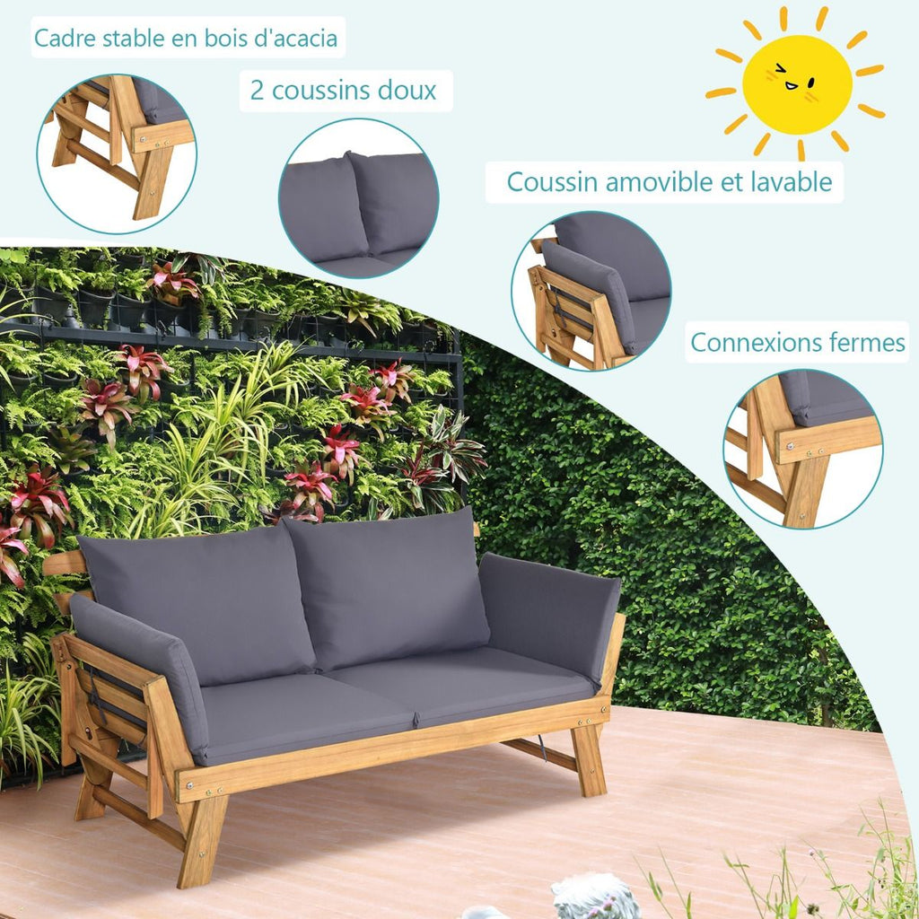 Chaise Longue Convertible avec Coussin Canapé de Jardin 2 en 1 en Bois d’Acacia avec Accoudoir Réglable pour Patio Piscine Jardin Blanc/Gris/Bleu/Rouge