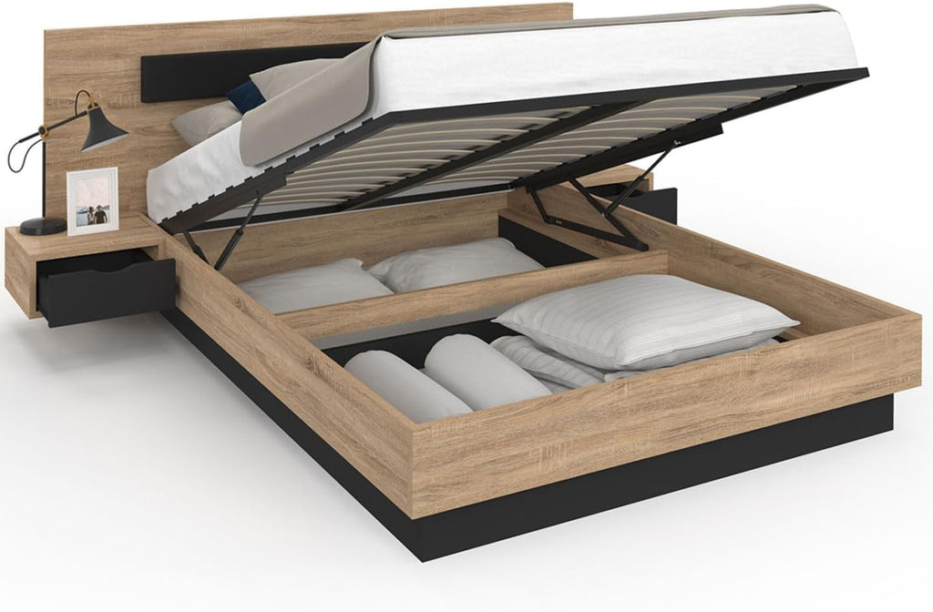 '- Lit Coffre Santa avec Tables de chevets intégrées et sommier 140x190cm Couleur Bois et Noir