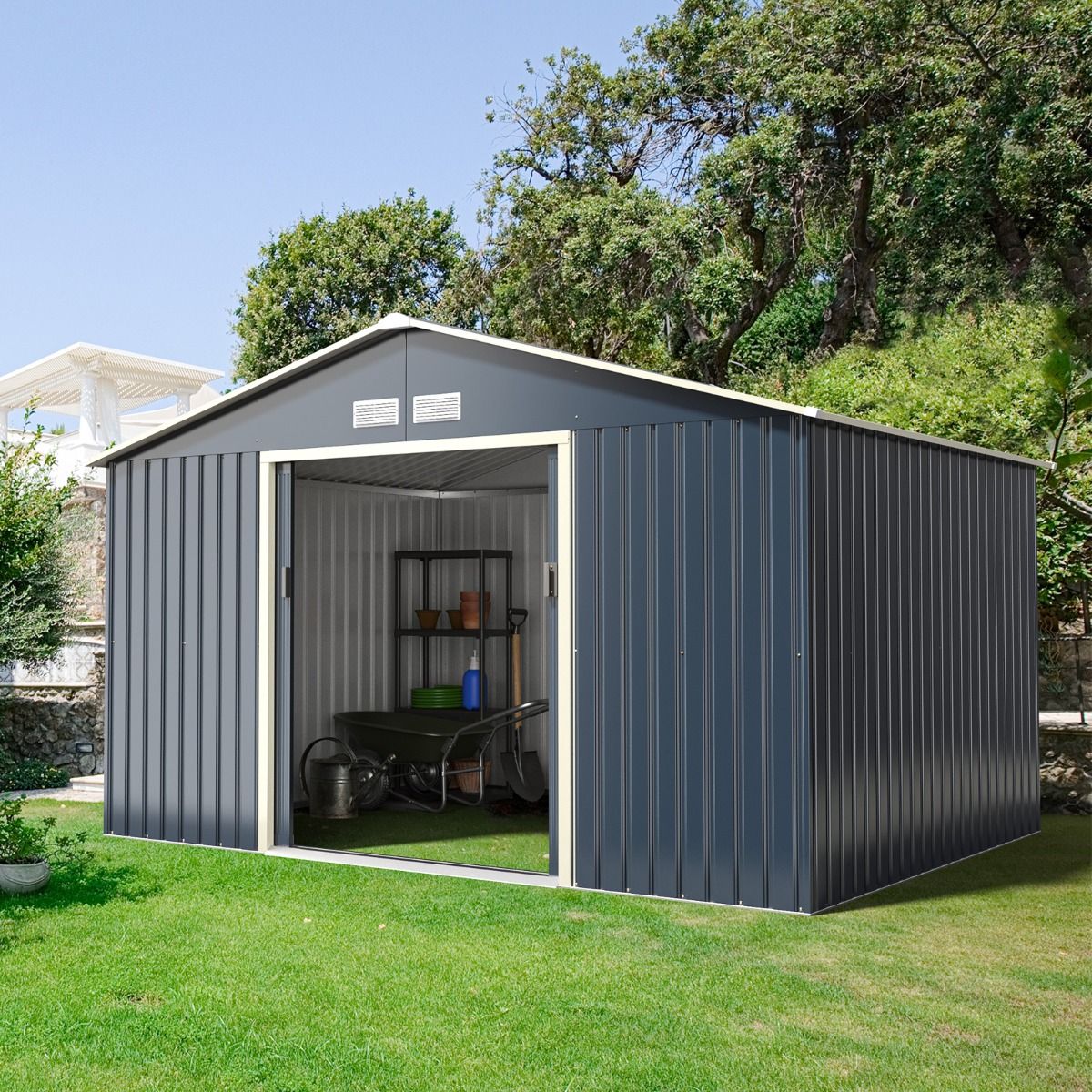 Abri de Jardin en Métal & Extension 10.85㎡ avec 2 Portes Coulissantes Verrouillables 4 Trous d’Aération Gris pour Vélo