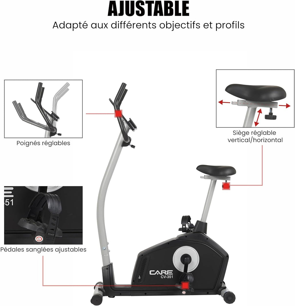 '- Vélo d’Appartement Motorisé CV-351 – Masse d'Inertie 10kg - Résistance Magnétique à 16 Niveaux - 7 Programmes d'Entraînement - Selle Ajustable - Connectivité Application Kinomap