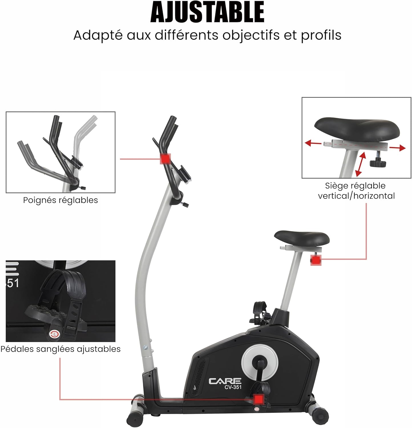 '- Vélo d’Appartement Motorisé CV-351 – Masse d'Inertie 10kg - Résistance Magnétique à 16 Niveaux - 7 Programmes d'Entraînement - Selle Ajustable - Connectivité Application Kinomap