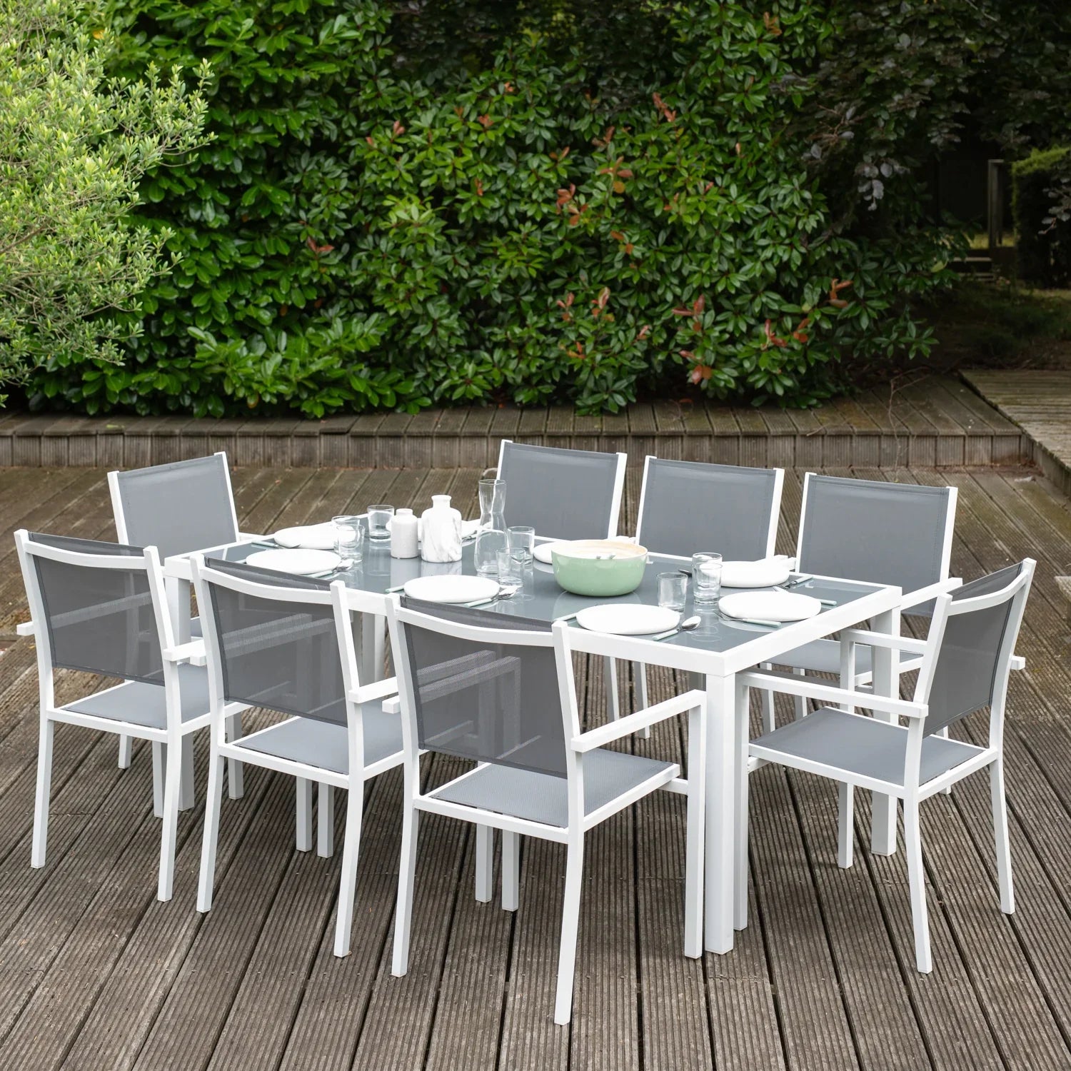 Salon de jardin BARI en textilène gris 8 places - aluminium blanc Happy Garden