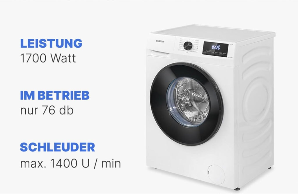 Bomann Machine à laver | 7kg | max 1400 tours | Garantie moteur 10 ans | Moteur inverter efficace, silencieux et durable | 15 programmes | Présélection du temps de fin | Affichage LED | Machine à