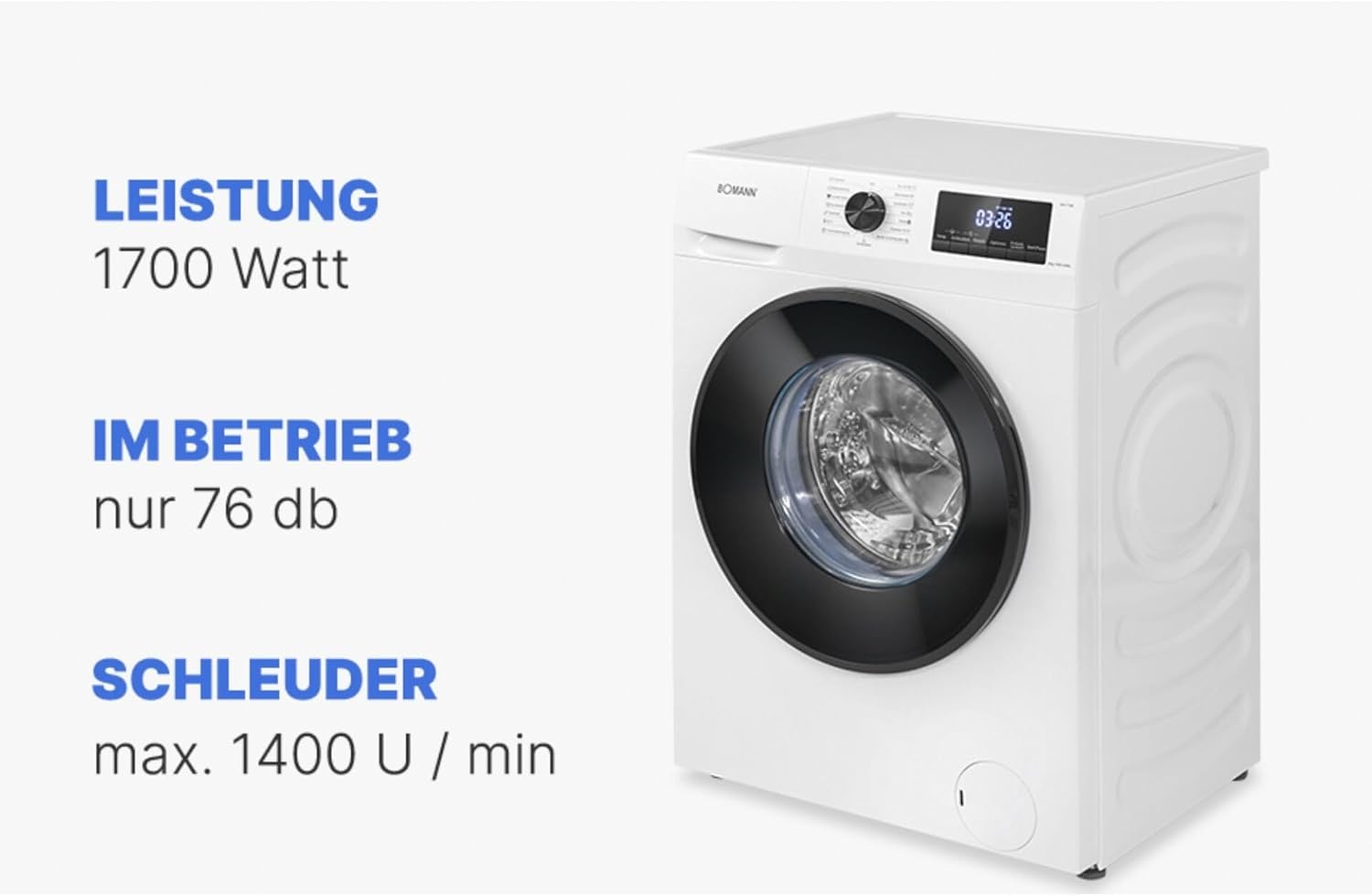 Bomann Machine à laver | 7kg | max 1400 tours | Garantie moteur 10 ans | Moteur inverter efficace, silencieux et durable | 15 programmes | Présélection du temps de fin | Affichage LED | Machine à
