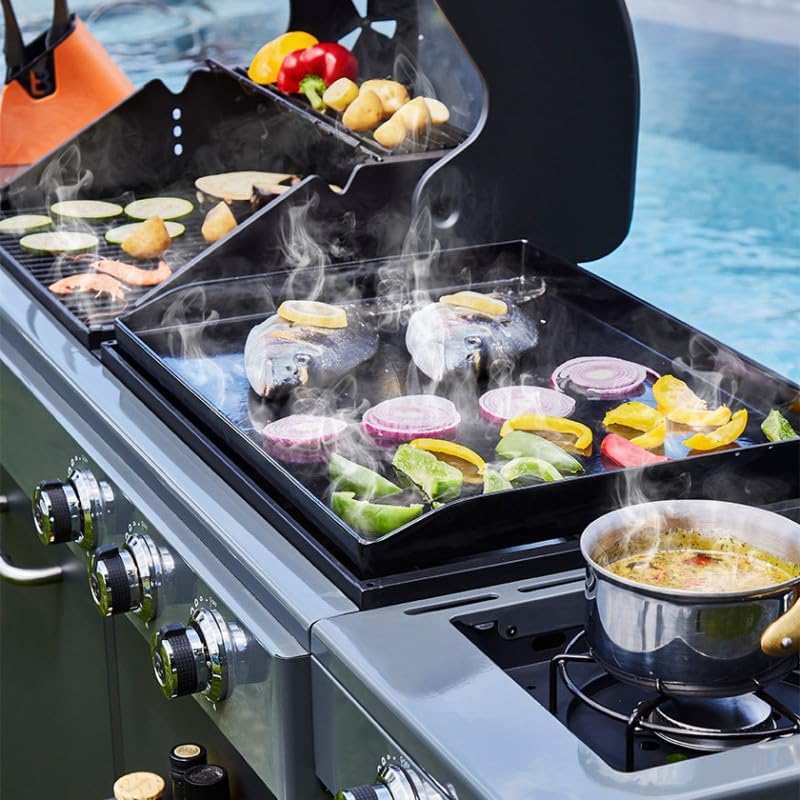 '- Barbecue Bi-Energy Gun Metal XL - Barbecue Charbon et Plancha 60 x 42 cm à gaz avec brûleur latéral -12,95 KW