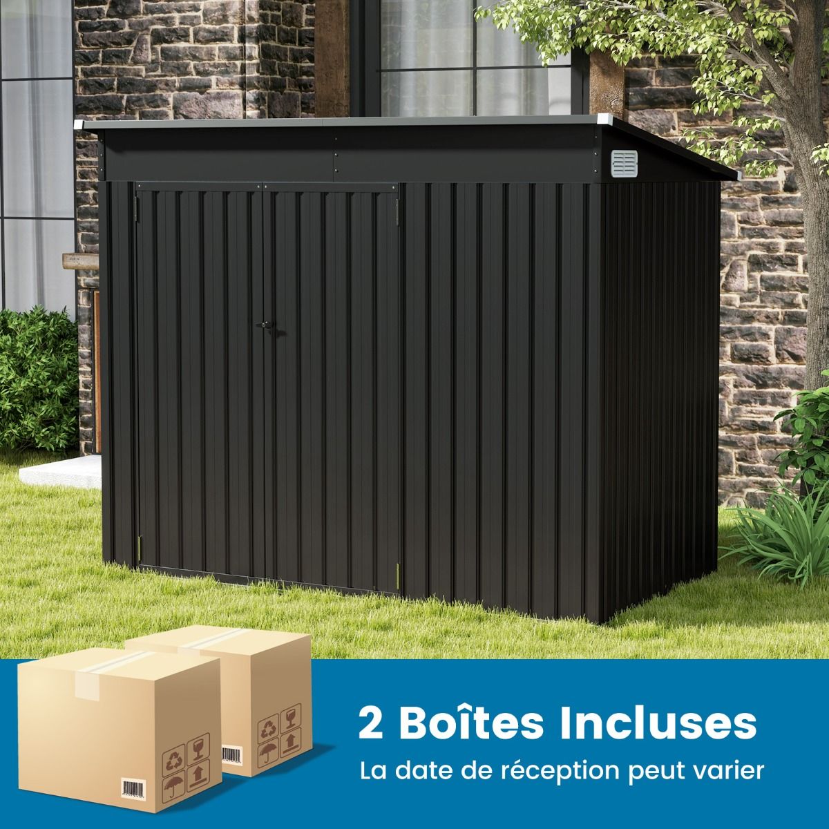 Abri de Jardin Extérieur Abri à Outils de Jardin avec 2 Portes Design Incliné Aérations Cadre en Métal Galvanisé 235x117x185cm Gris Foncé