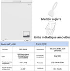 Congélateur coffre CHiQ 142L, 63,5 x 55,6 x 83,5cm, Congélateur Inverter, Affichage de la température extérieure, Mode de congélation rapide -32℃, Grille métallique,Faible bruit