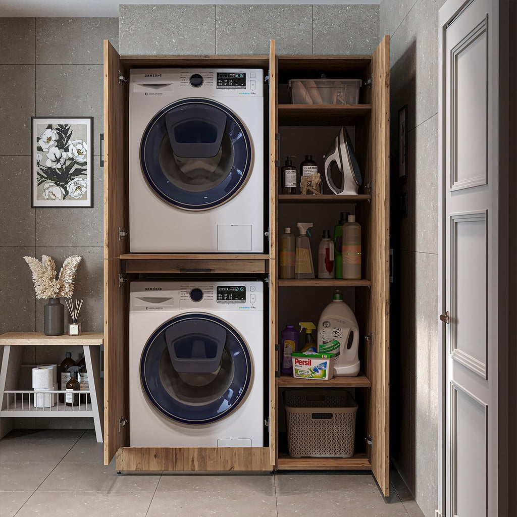 ROOMART Dora - Armoire de machine à laver - Pour sèche-linge et machine à laver - En 4 couleurs - Avec portes et panneau coulissant - Blanc - Chêne blanc - Chêne anthracite - Chêne blanc (chêne blanc)