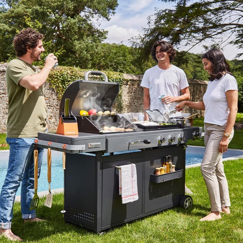 '- Barbecue Bi-Energy Gun Metal XL - Barbecue Charbon et Plancha 60 x 42 cm à gaz avec brûleur latéral -12,95 KW