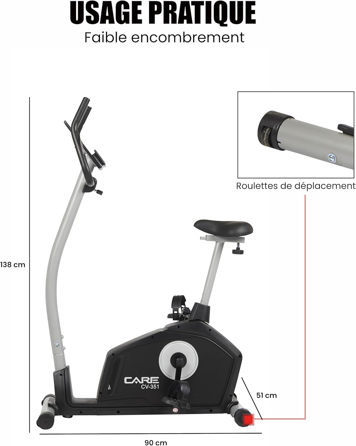 '- Vélo d’Appartement Motorisé CV-351 – Masse d'Inertie 10kg - Résistance Magnétique à 16 Niveaux - 7 Programmes d'Entraînement - Selle Ajustable - Connectivité Application Kinomap
