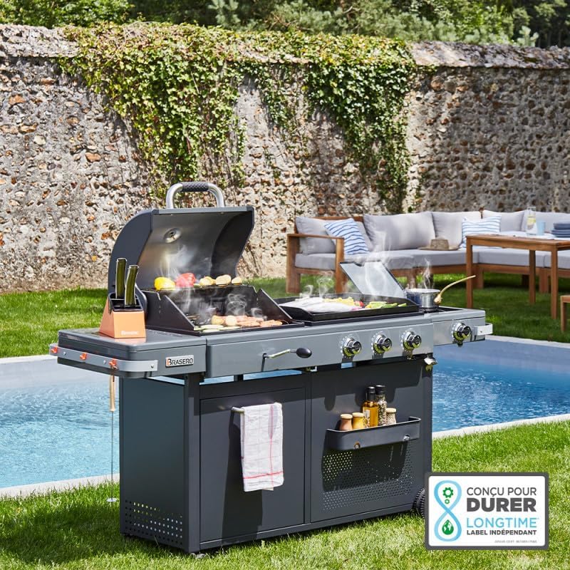 '- Barbecue Bi-Energy Gun Metal XL - Barbecue Charbon et Plancha 60 x 42 cm à gaz avec brûleur latéral -12,95 KW