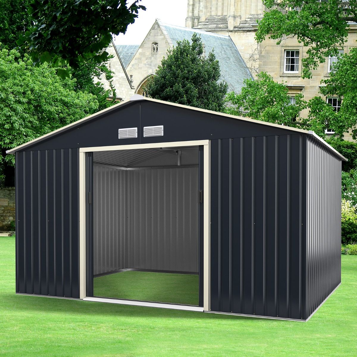 Abri de Jardin en Métal & Extension 10.85㎡ avec 2 Portes Coulissantes Verrouillables 4 Trous d’Aération Gris pour Vélo
