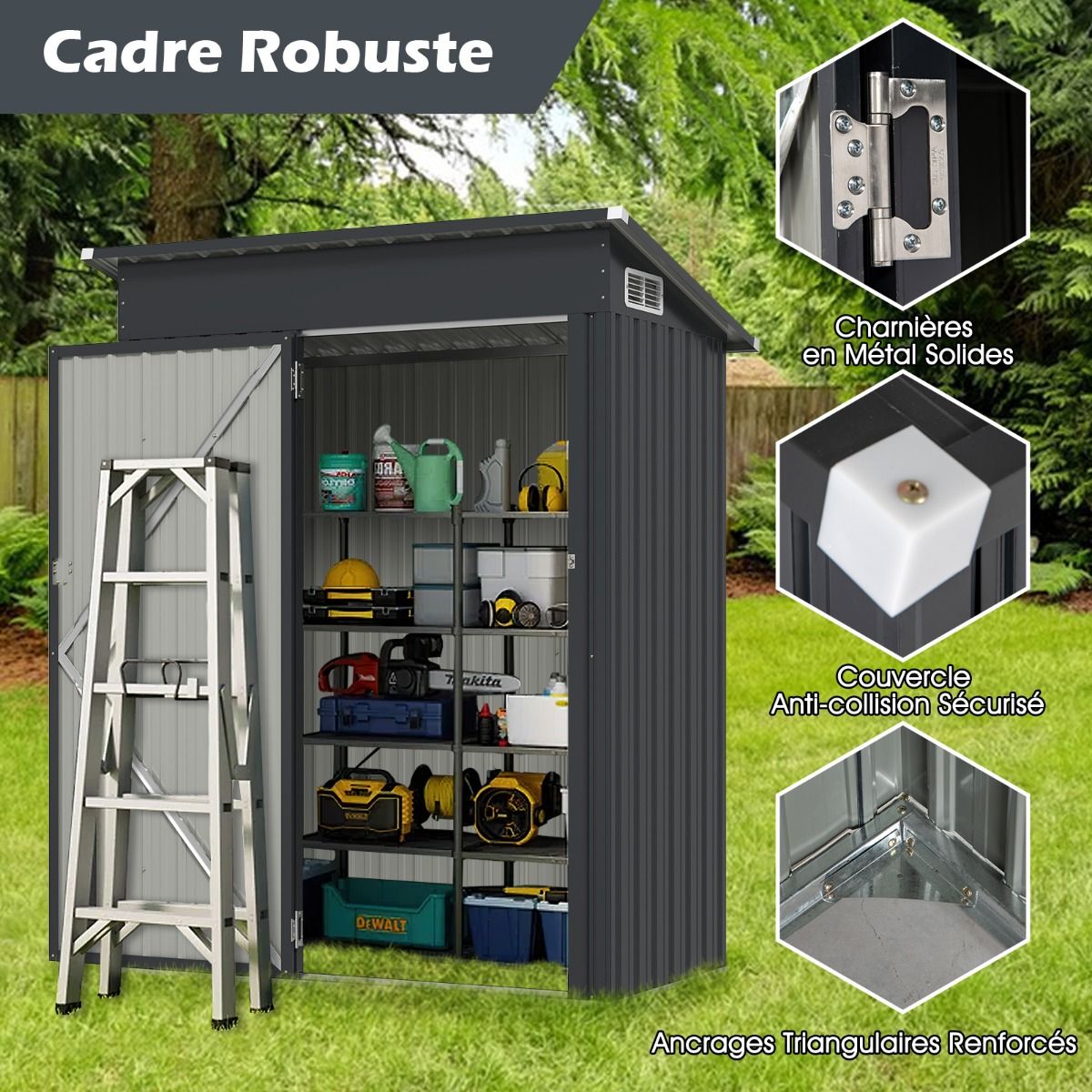Abri de Rangement Toutes Saisons Abri à Outils Utilitaire avec Toit en Pente Porte Ouvrante Aérations Cadre en Métal Galvanisé Gris