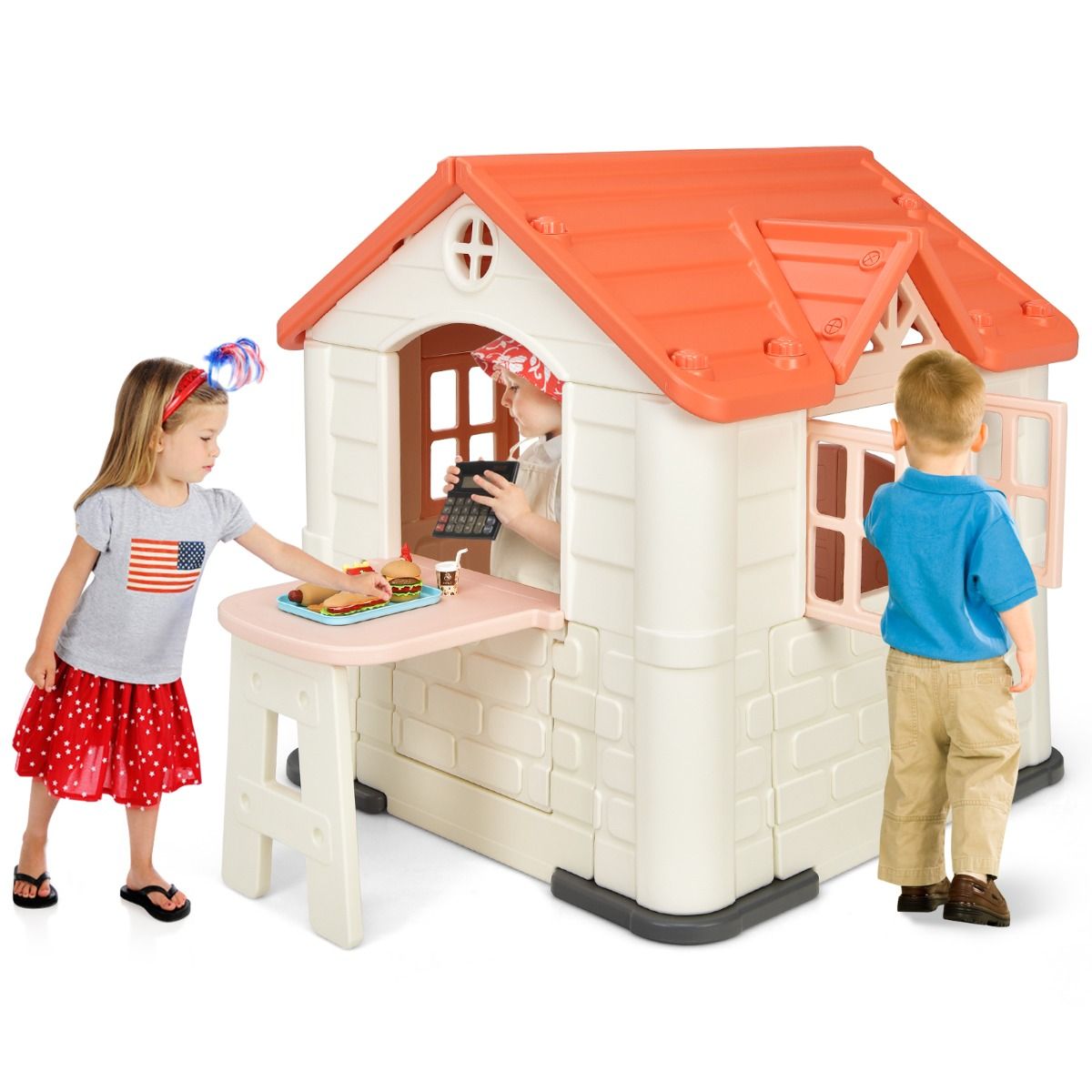Maison Chef House -Thème Burger Bar - Table de Pique Nique Cabane de Jardin Anti-UV en Plastique 164x124x132 cm Bleu/Rose/Jaune