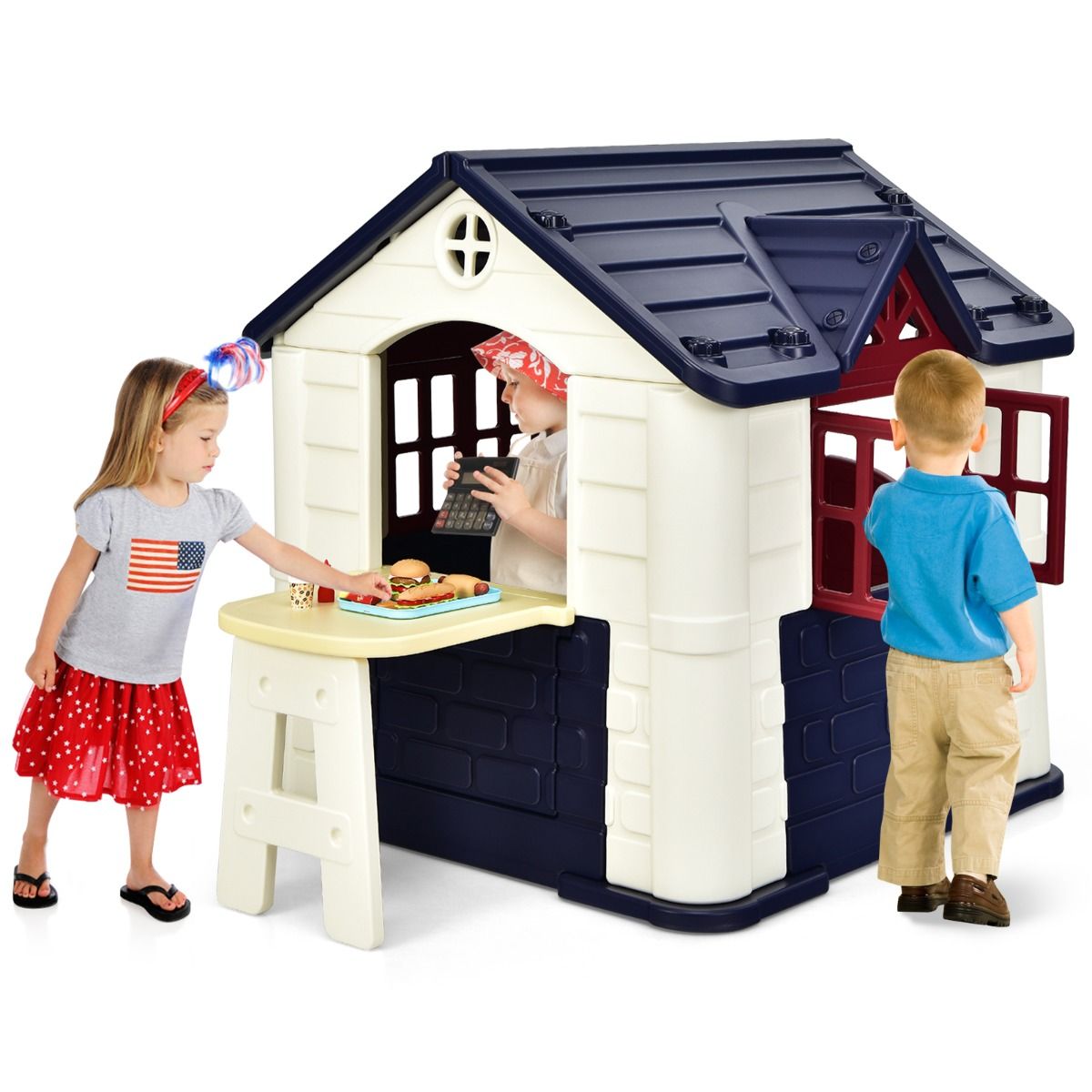 Maison Chef House -Thème Burger Bar - Table de Pique Nique Cabane de Jardin Anti-UV en Plastique 164x124x132 cm Bleu/Rose/Jaune