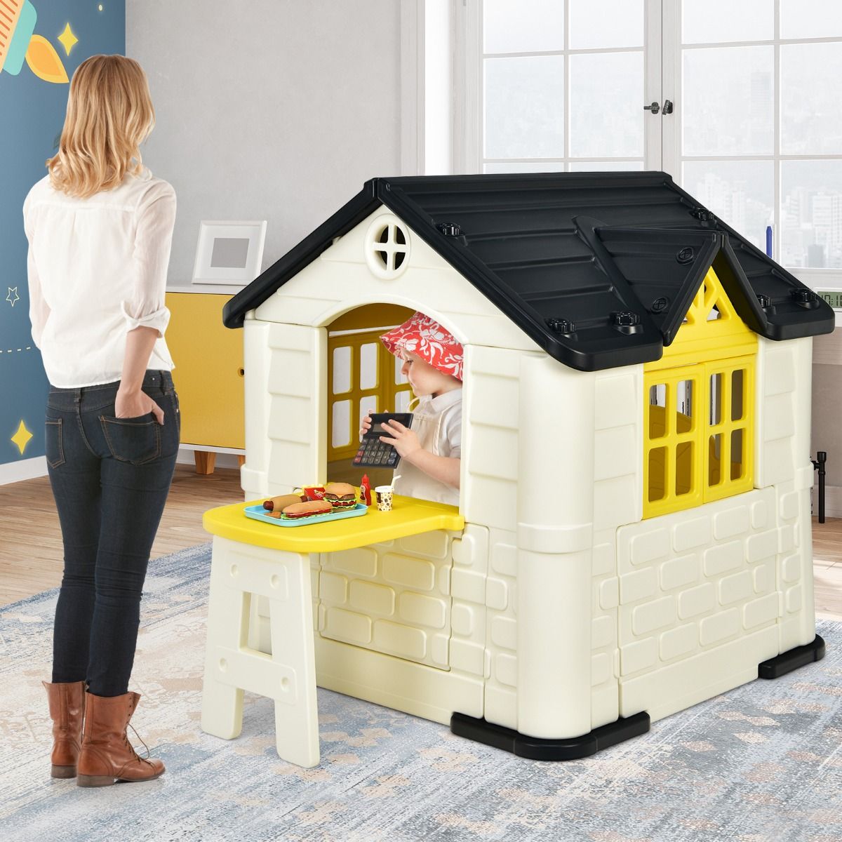 Maison Chef House -Thème Burger Bar - Table de Pique Nique Cabane de Jardin Anti-UV en Plastique 164x124x132 cm Bleu/Rose/Jaune