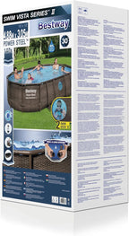 Bestway 56946 Piscine Power Steel™ Swim Vista ovale 488 x 305 x 107 cm motif rotin avec hublots, filtration à sable, échelle, bâche et diffuseur Chemconnect™