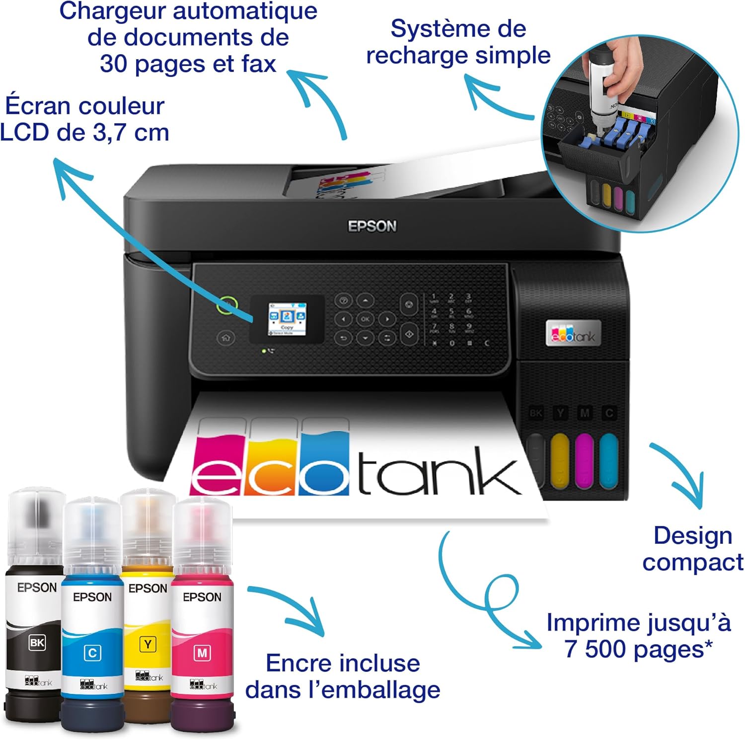 Imprimante multifonction A4 Wi-Fi ET-4800 équipée de réservoirs d’encre, avec jusqu’à 3 ans d’encre inclus